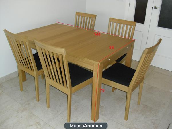 Mesa de comedor de madera extensible y 6 sillas de madera