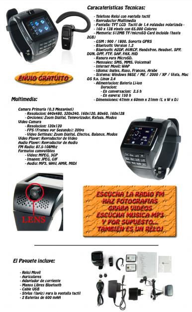 Reloj Telefono Movil Tactil + MP3 + FM + Camara + MP4