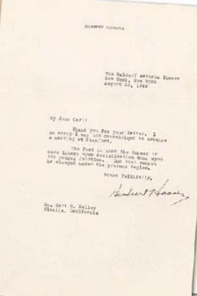 Documento firmado por Herbert Hoover
